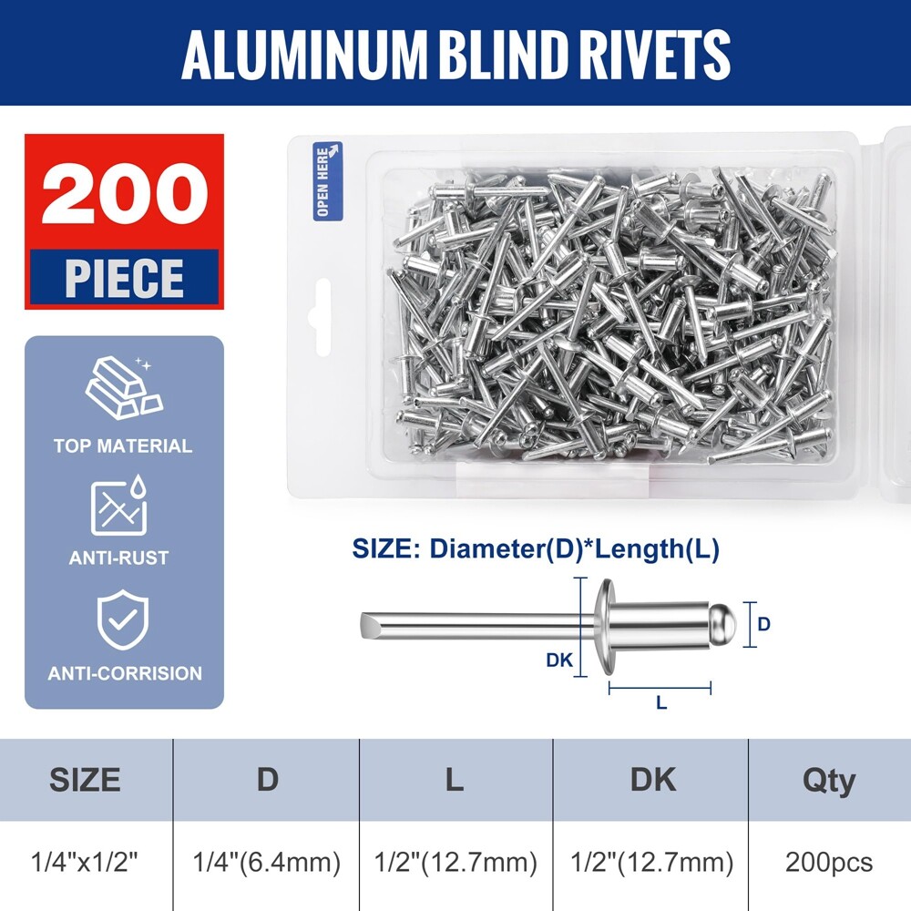 WORKPRO 200Pcs Aluminum Blind Rivets 1/4″ x 1/2″ Pop Rivets Assortment NEW