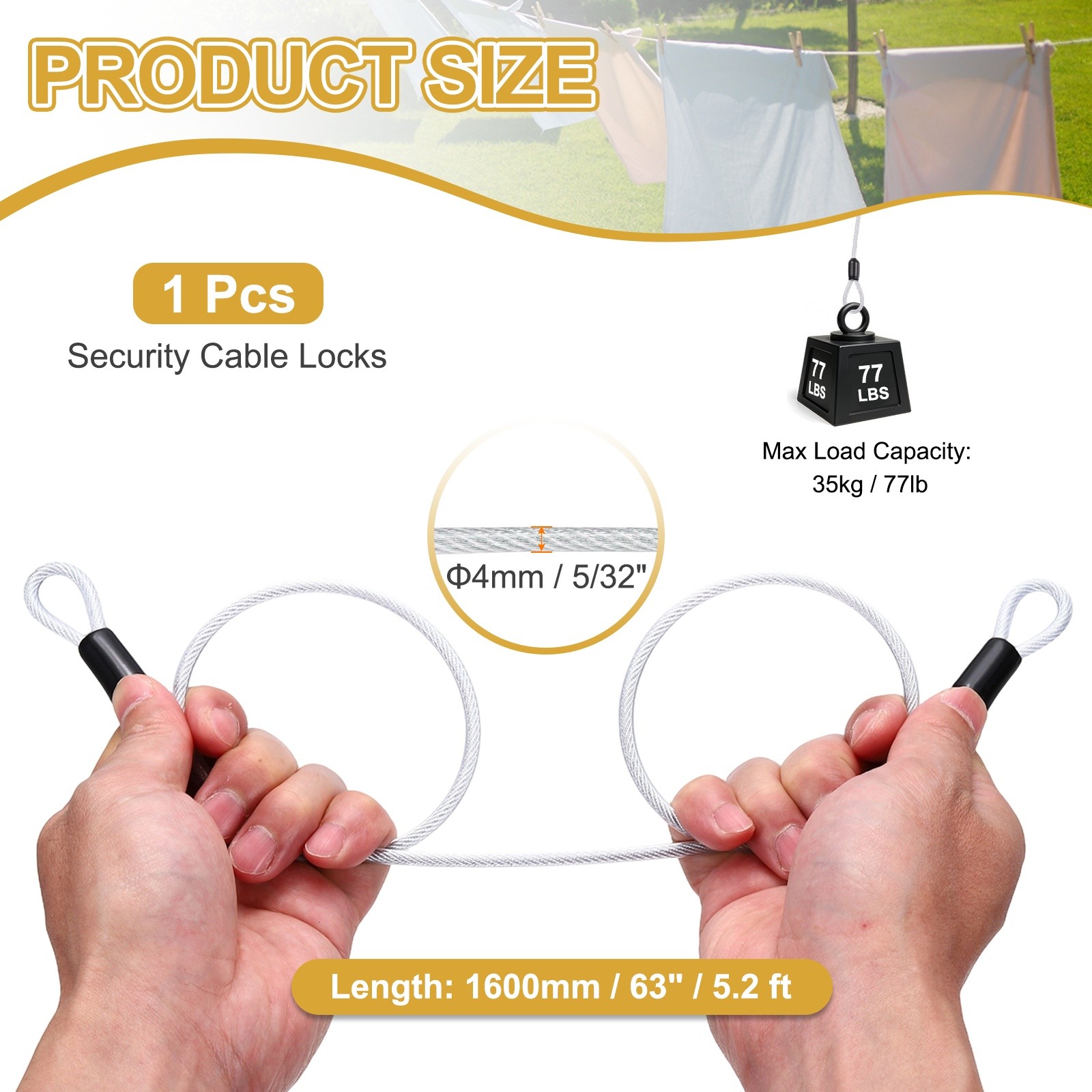 5/32″ Dia 5.2ft Security Cable Lock Vinyl Coated Steel with Loops Silver