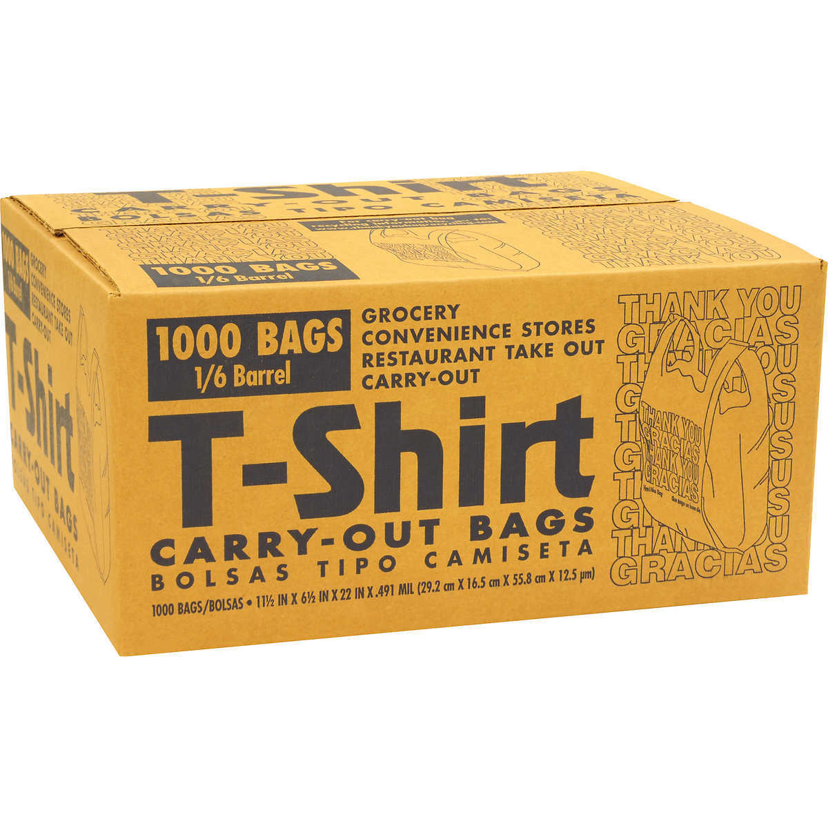 Poly-America Thank You/Gracias T-Shirt Carry-Out Bags, 1/6 Barrel, 1000 ct