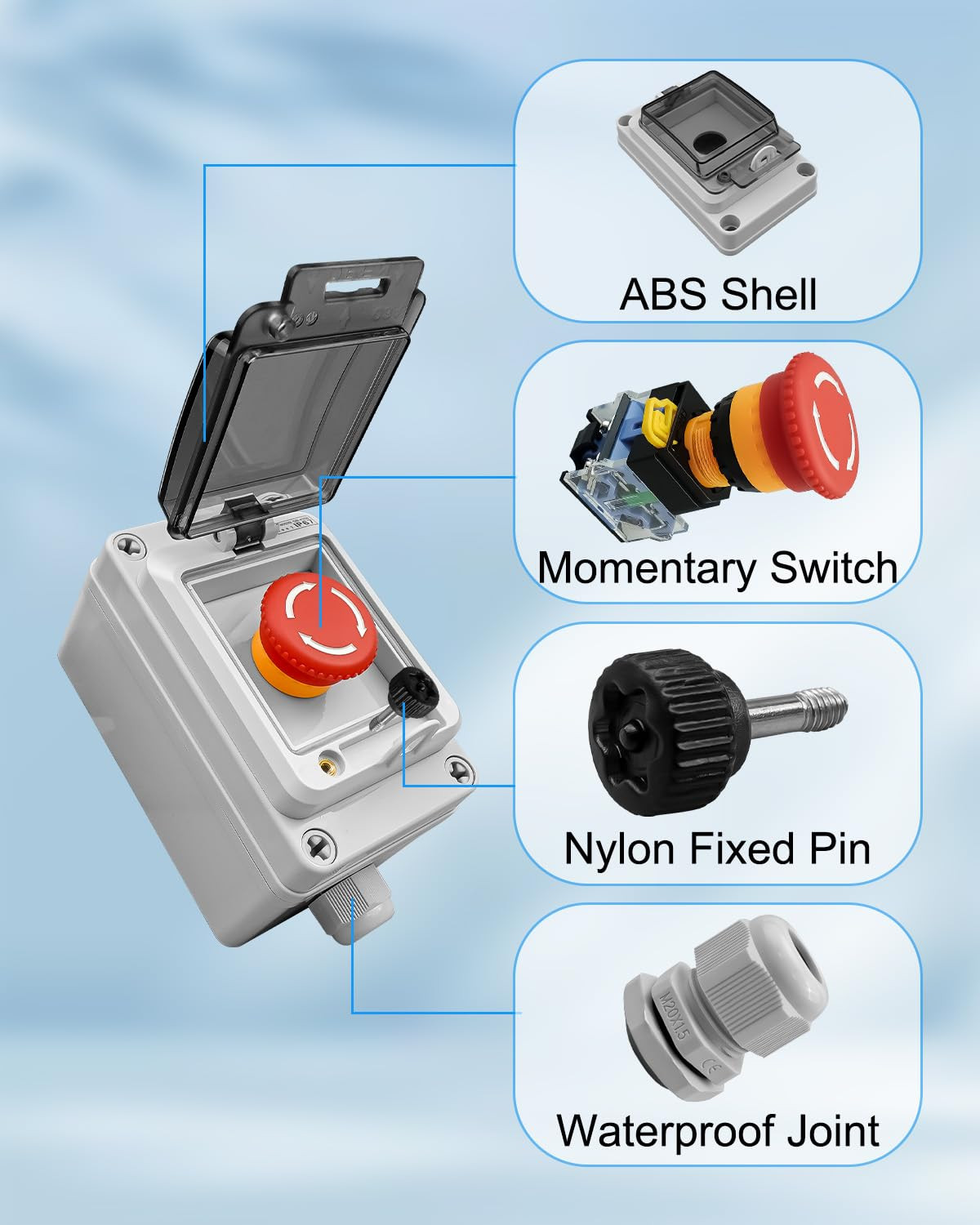 Emergency Stop Button with Box 660V 10A Waterproof for Outdoor, Emergency Shut O