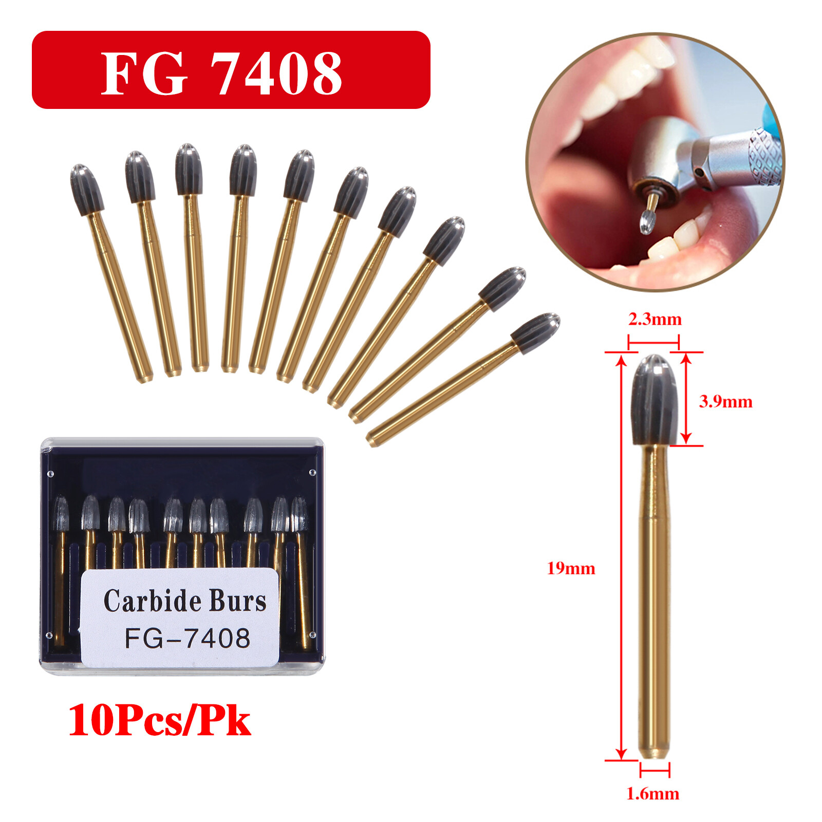 10X Dental Tungsten Carbide Burs Trimming Finishing Egg Football Bur FG 7408