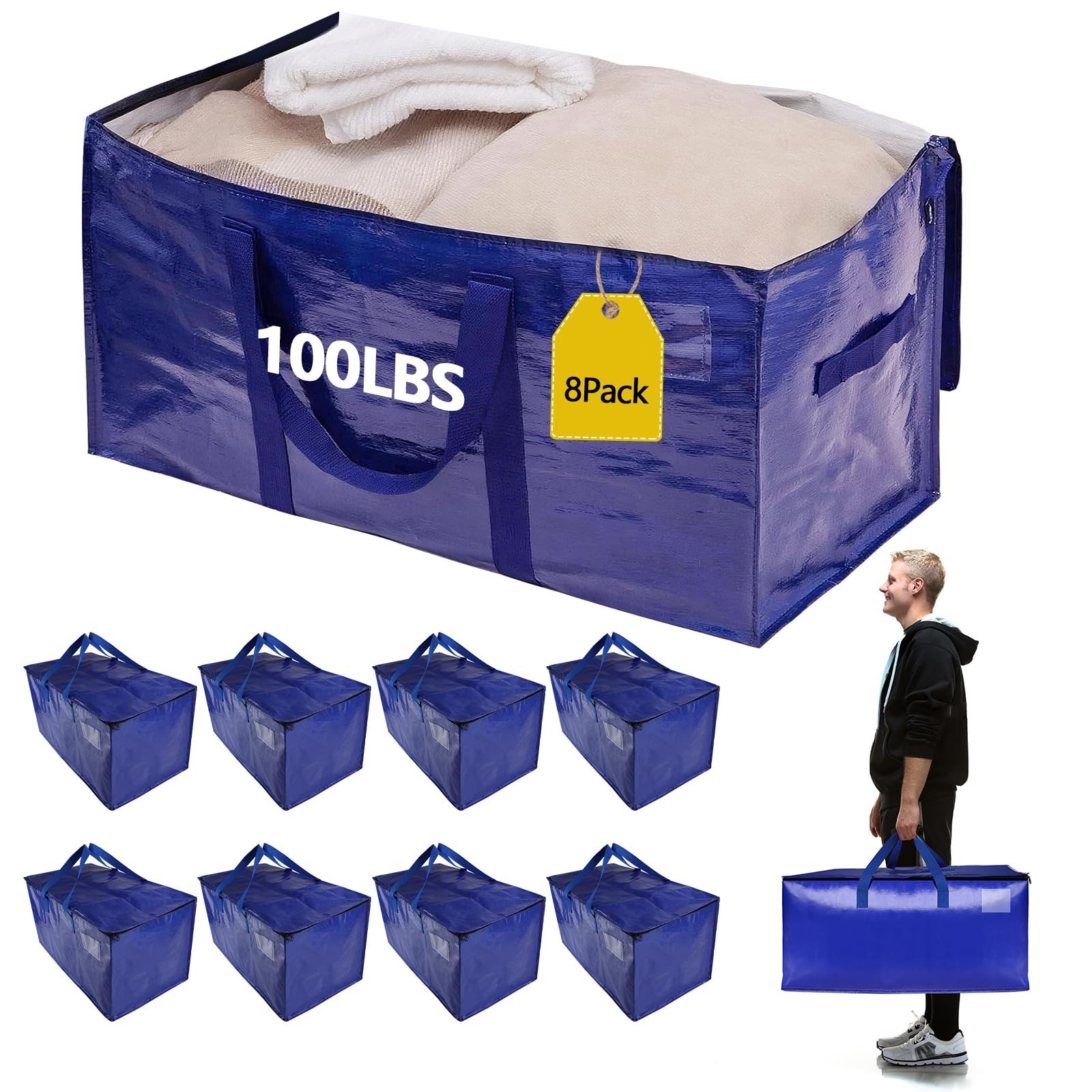 8 Pack Real 100lb Capacity Heavy Duty Moving Bags with Strong Zippers and Rei…