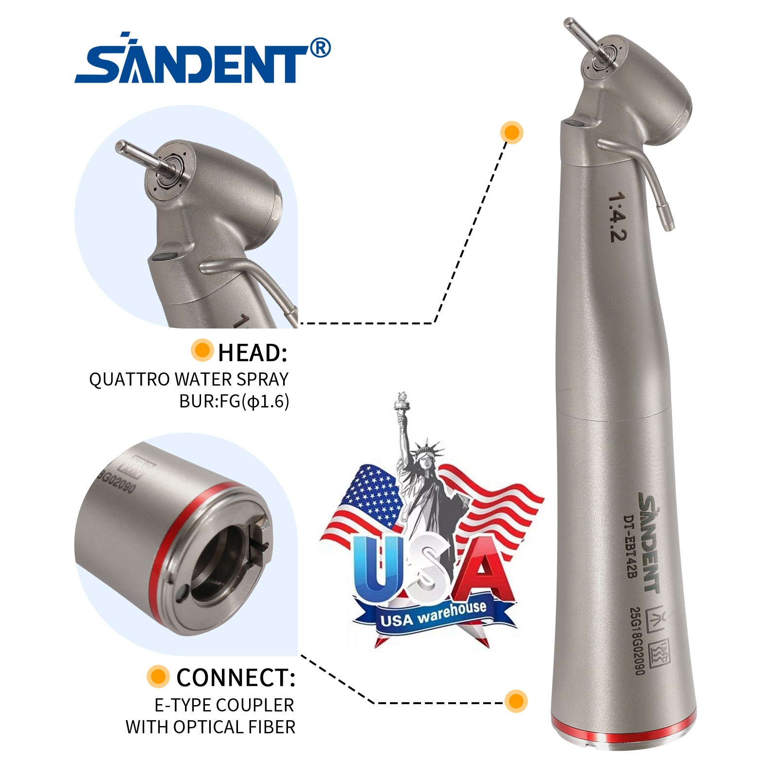 Dental Optic Fiber LED 1:4.2 Increasing Handpiece 45°Angle Head External Channel
