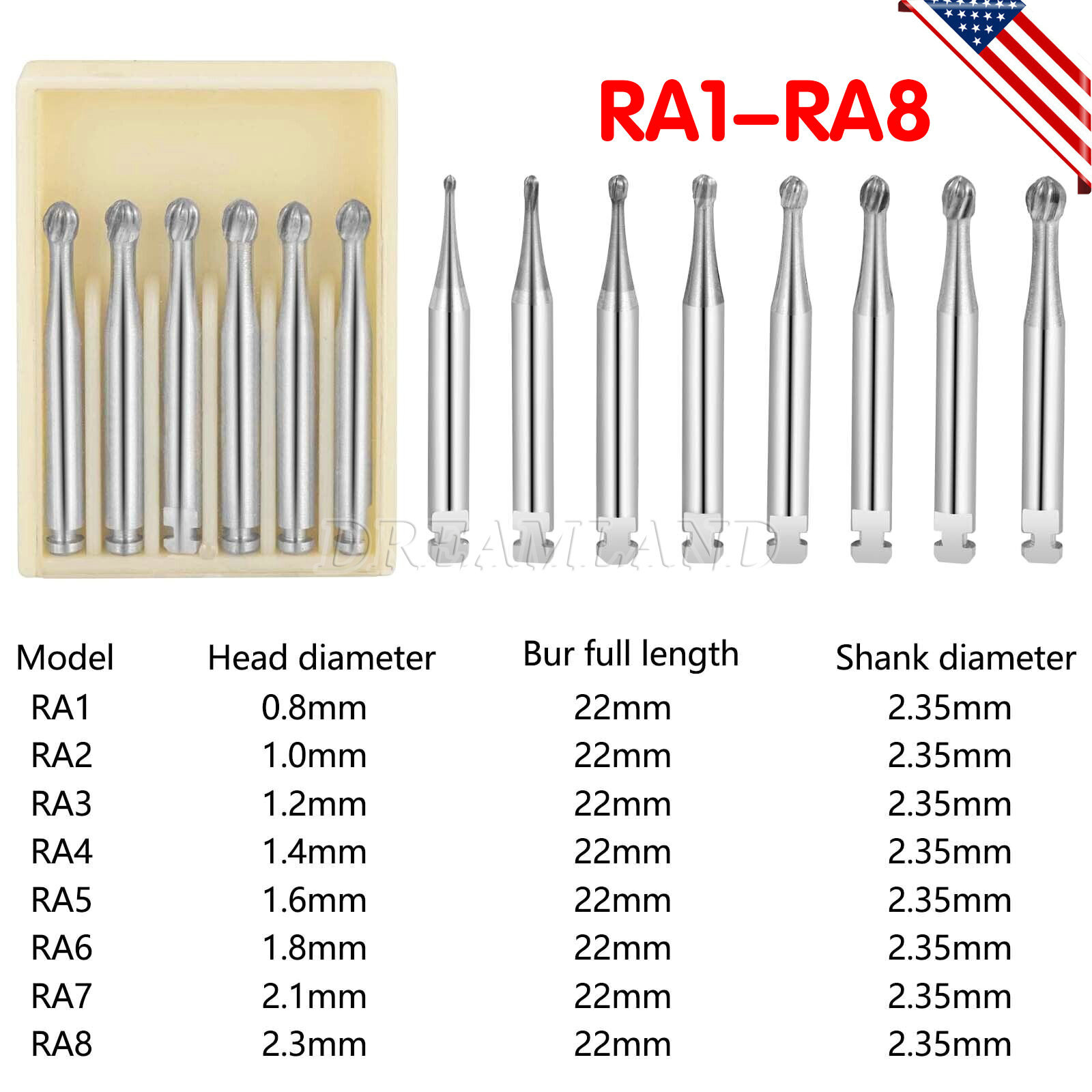 Dental Tungsten Steel Carbide Bur Round RA Burr Fit Low Speed Contra Angle USA