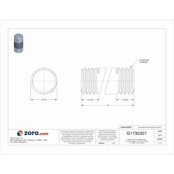 Double-End Threaded Rod, 1/4″-28 Thread To 1/4″-28 Thread, 1 Ft, Steel, Zinc