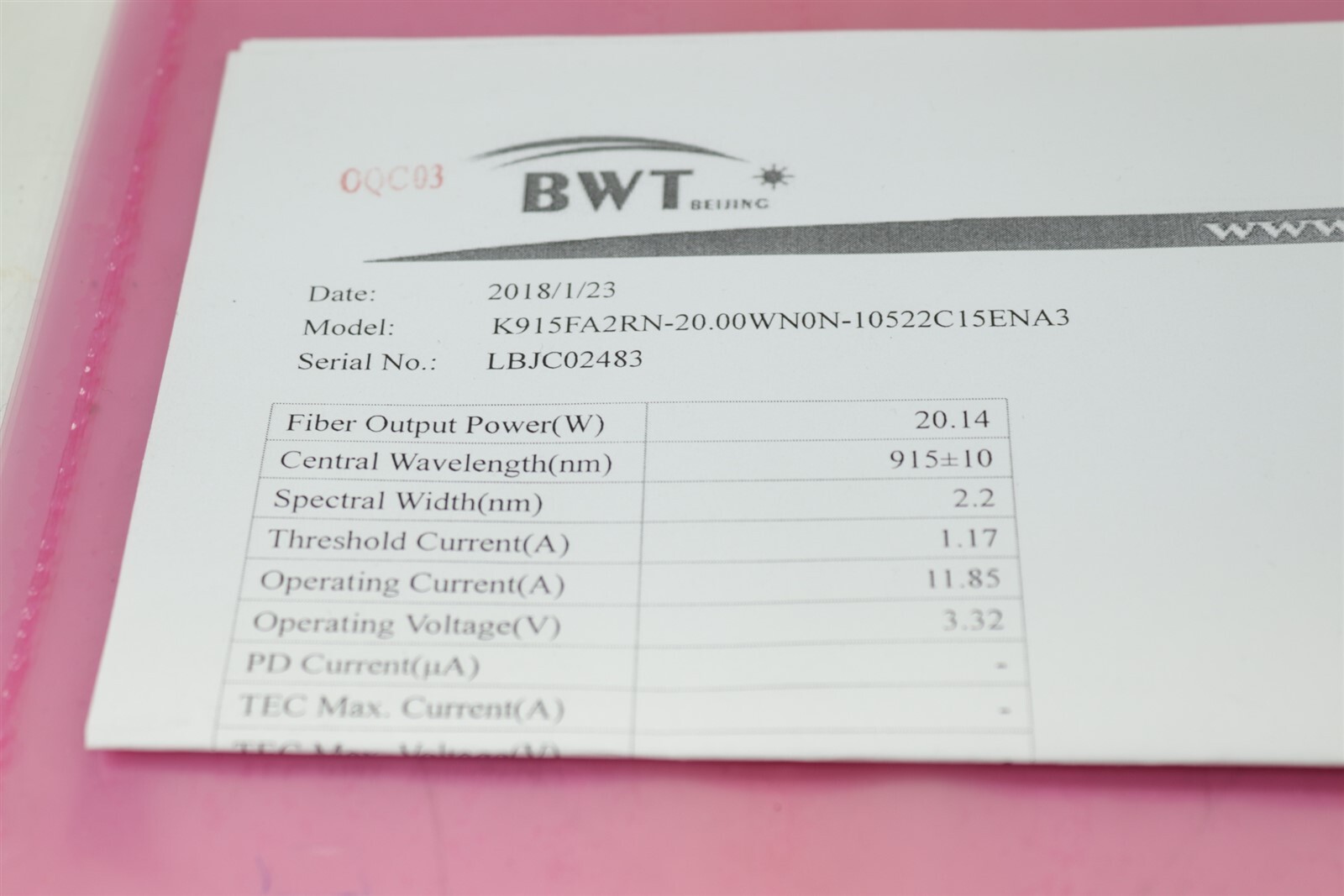 BWT K915FA2RN-20.00WN0N-10522C15ENA4 Laser Fiber Optical Cable Diode 20W/915nm