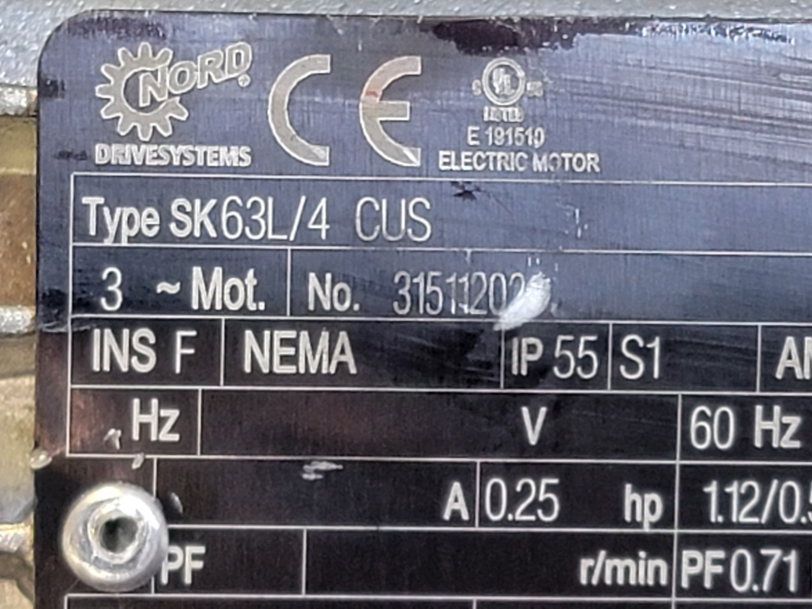 Nord SK63L/4 CUS SK071.1Z-63L/4 Gearmotor+ Reducer 0.25HP 1680 RPM 4.80:1 Ratio