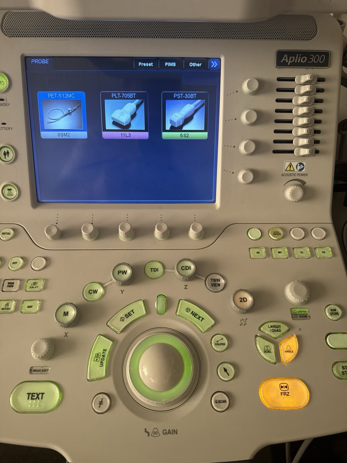 TOSHIBA APLIO 300CV Platinum Ultrasound 4 Probes PST-30BT PLT-704SBT PET-512MC