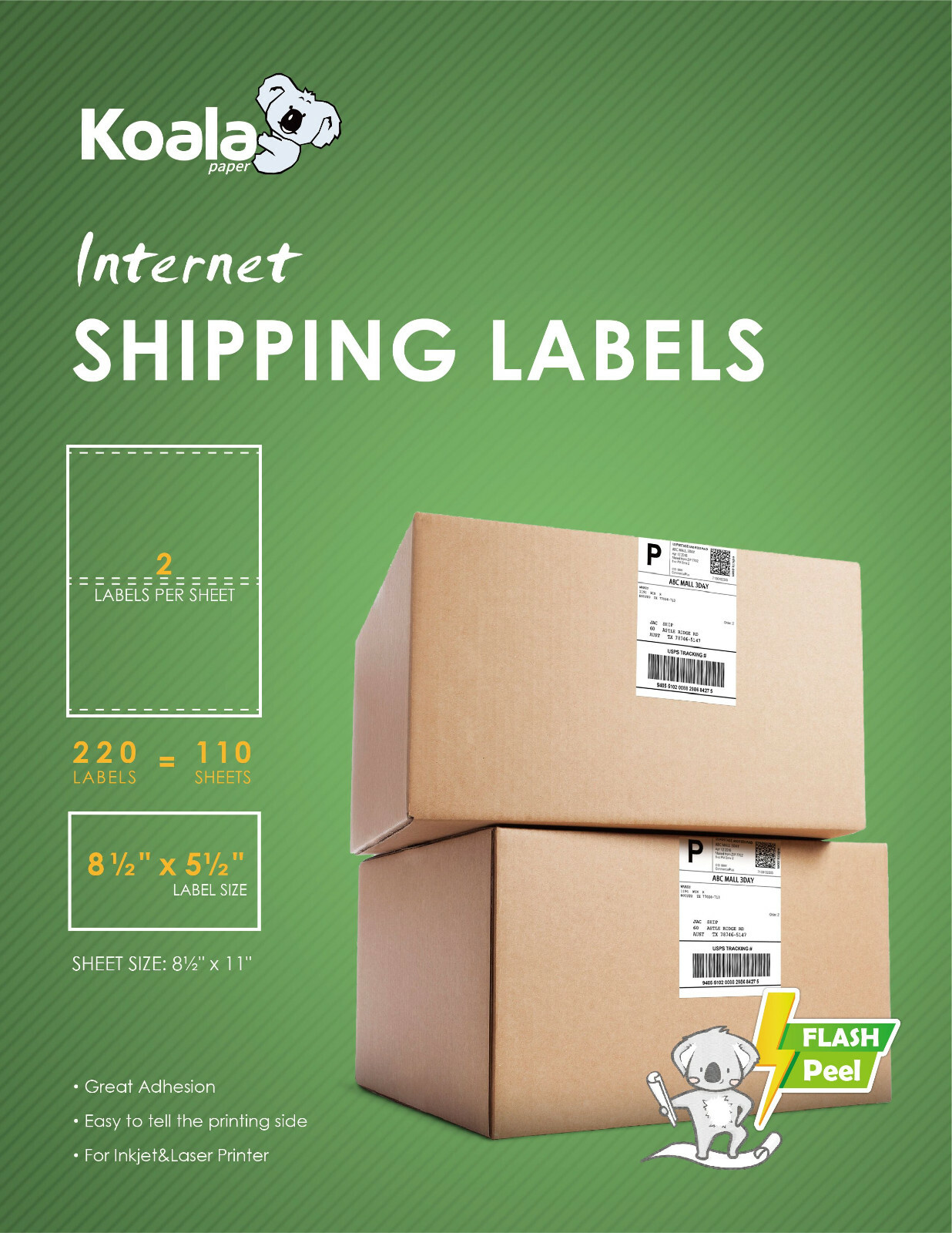 220-1100-4400 Shipping Label 8.5 x 5.5 Half Sheet 2 Per Sheet Self Adhesive USA