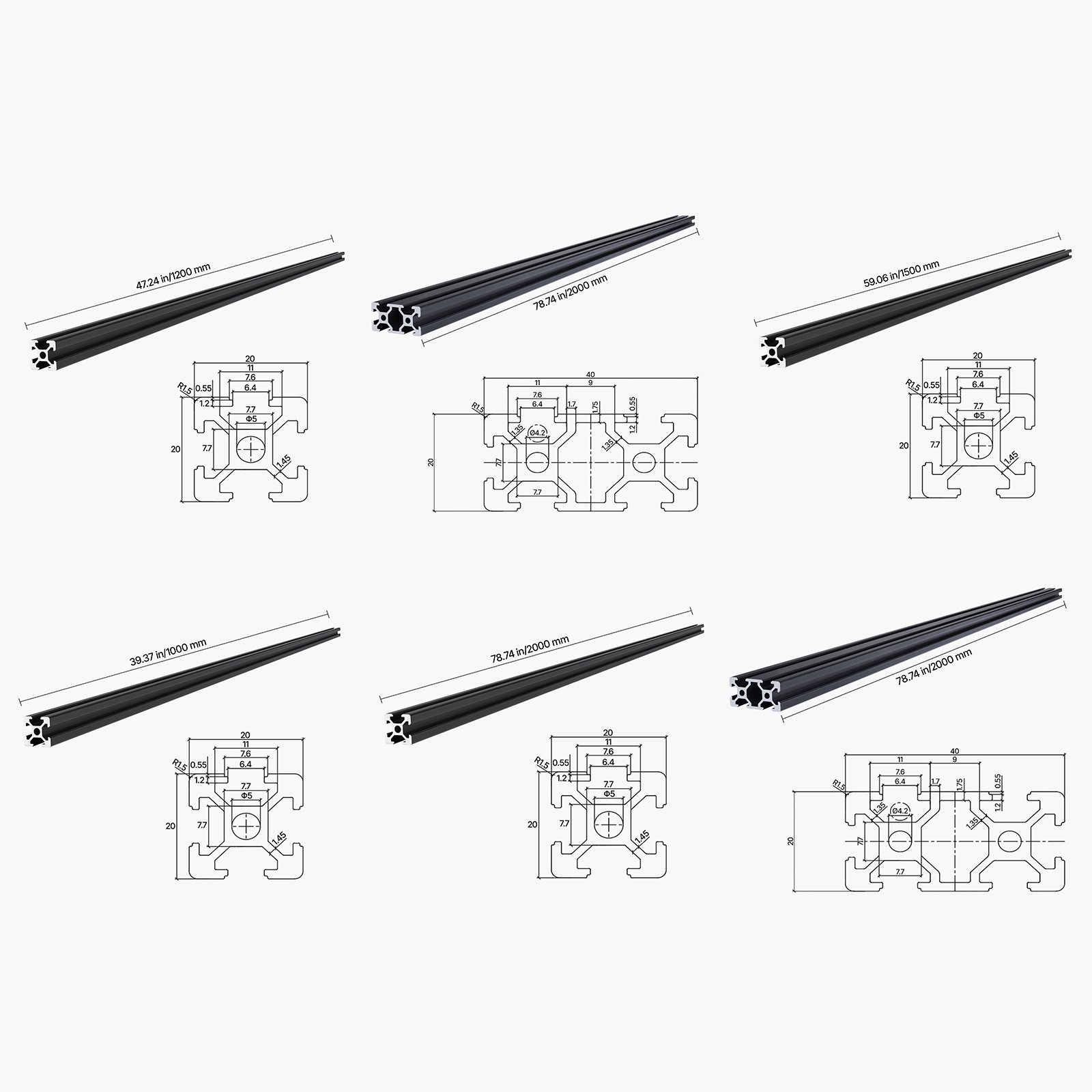 4/5/10PCS 23.6-78.7 in T-Slot Aluminum Extrusion Linear Rail, Anodized 2020-4040