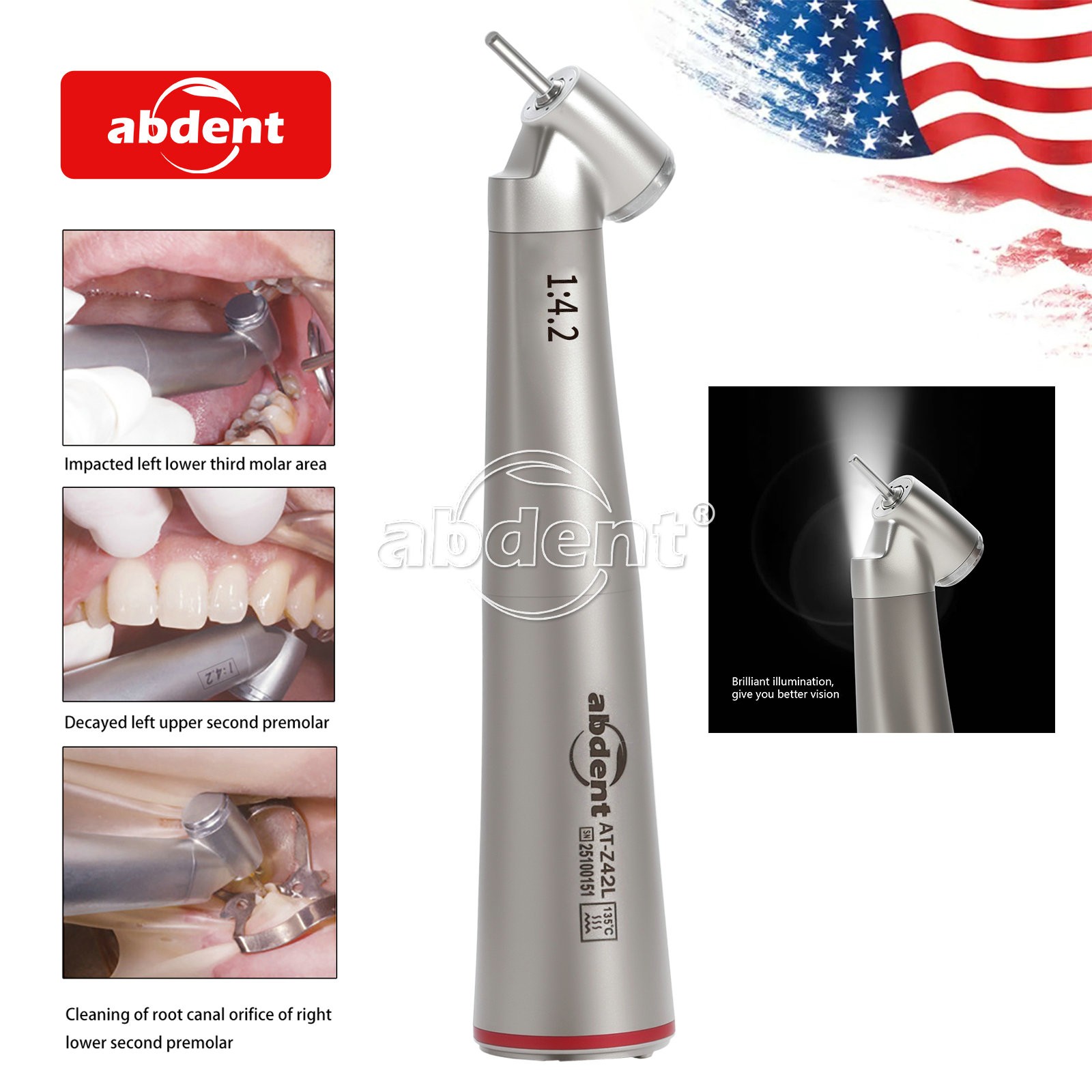 abdent Dental 1:4.2 45° Electric Fiber Optic Contra Angle Surgical Handpiece ds