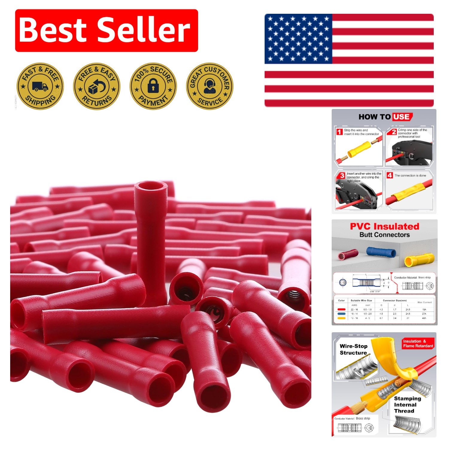 Flared Insulation Red Butt Connectors 100 Pcs, 22-16 AWG – Easy Insertion Design