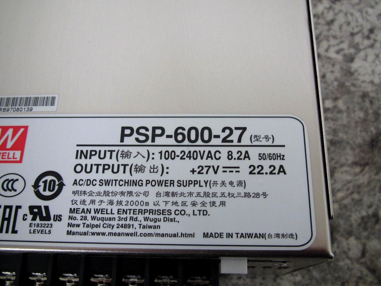 Mean Well PSP-600-27 100-240VAC 8.2A / +27V 22.2A 600W Switching Power Supply