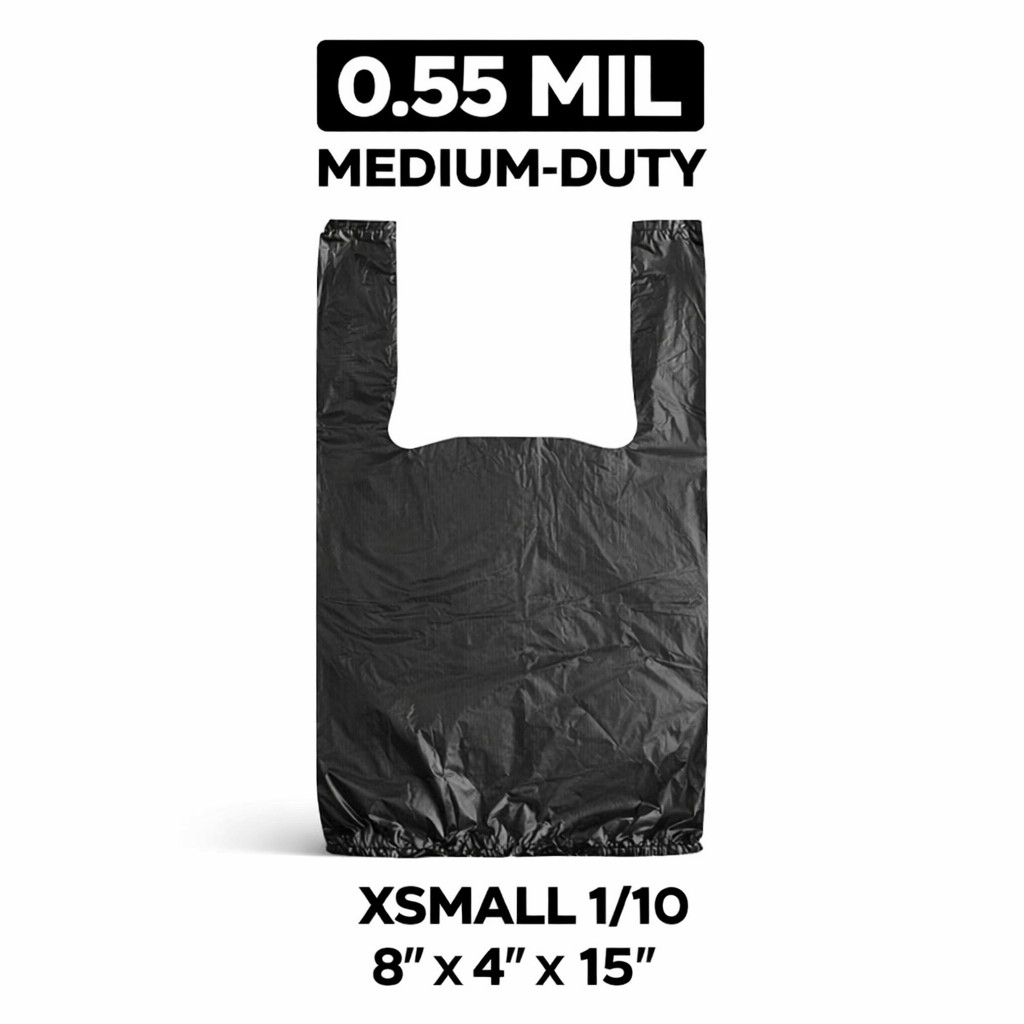 0.55 Mil Medium-Duty Black T-Shirt Bags XSmall 1/10 8x4x15 Bulk 50-1500