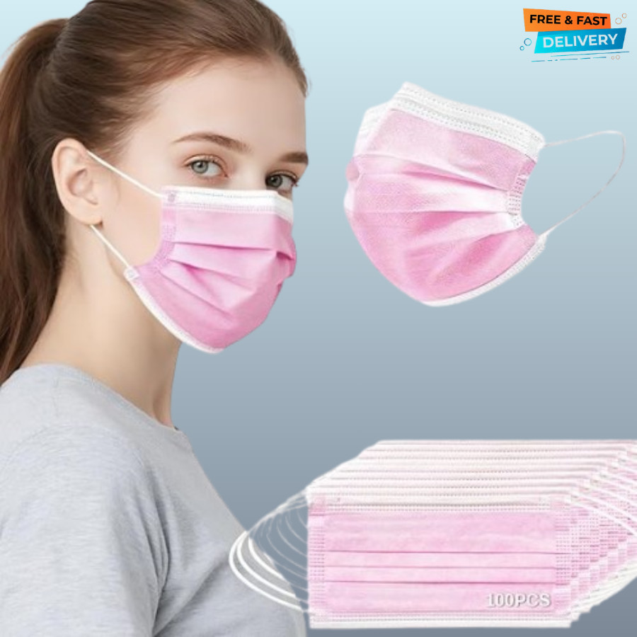 100 PCS Pink Disposable Face Mask – 3 Ply Filter 1 Count (Pack of 1),