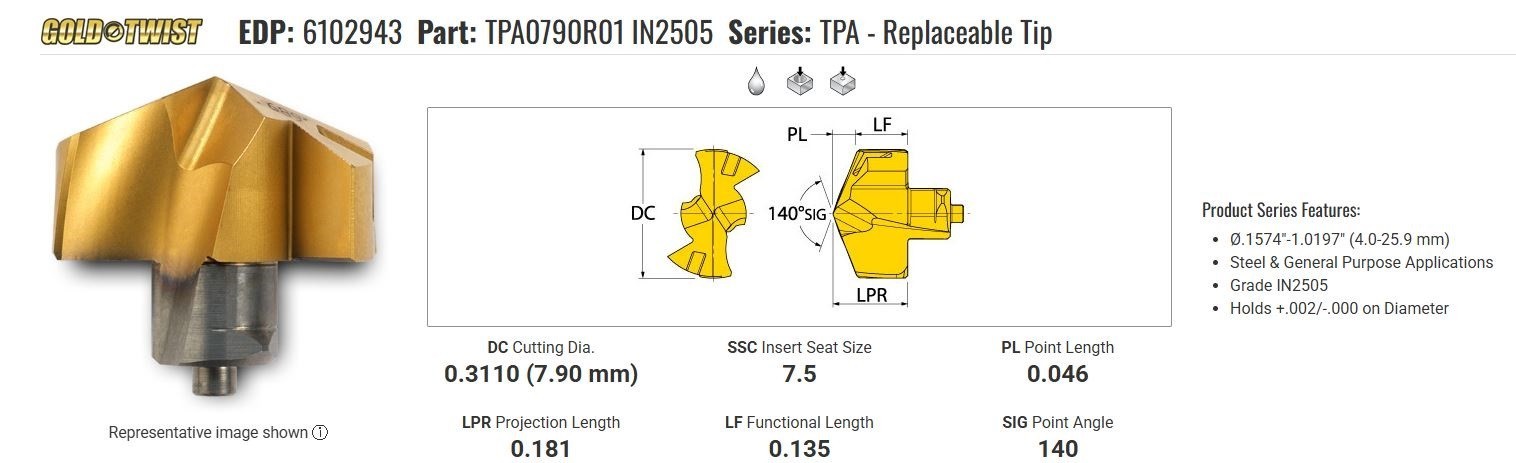 Qty 1 Ingersoll TPA0790R01 IN2505 6102943 Carbide Drill Insert .311″ 7.9mm – NOB