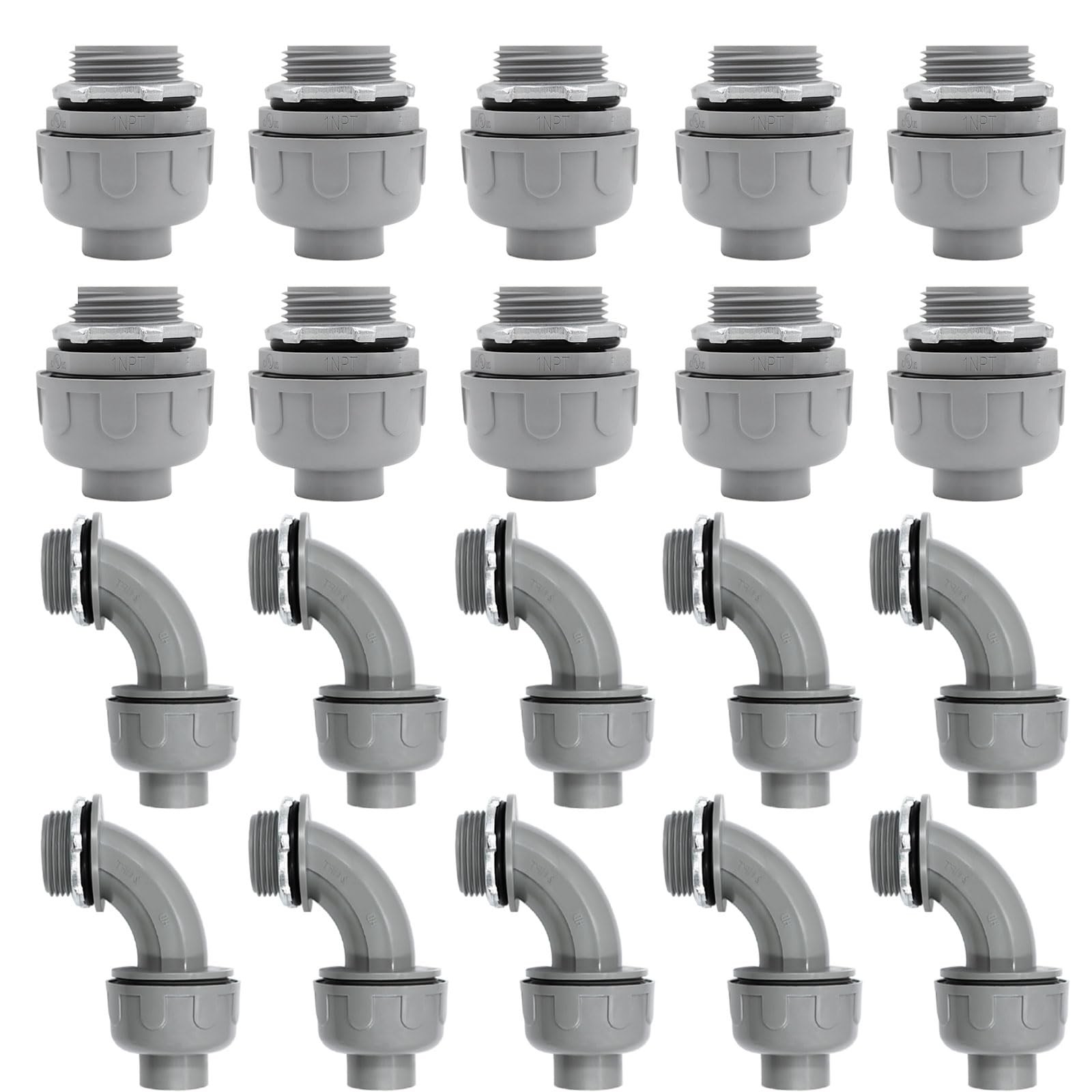 1 inch Liquid Tight Connector PVC Flexible 1inch 20Pack(180D+90D), grey