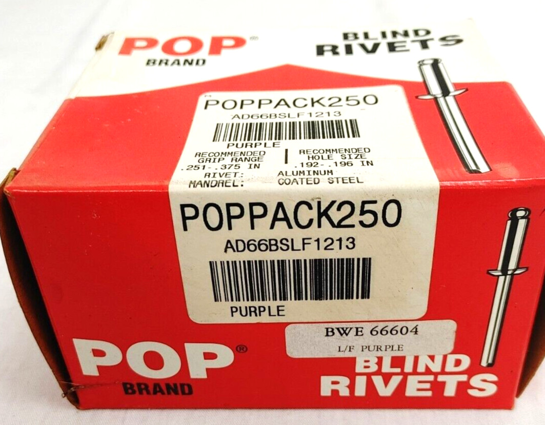 POP 3/16″ Blind Large Head PURPLE Rivet Alum Body Steel Mandrel 250 Count