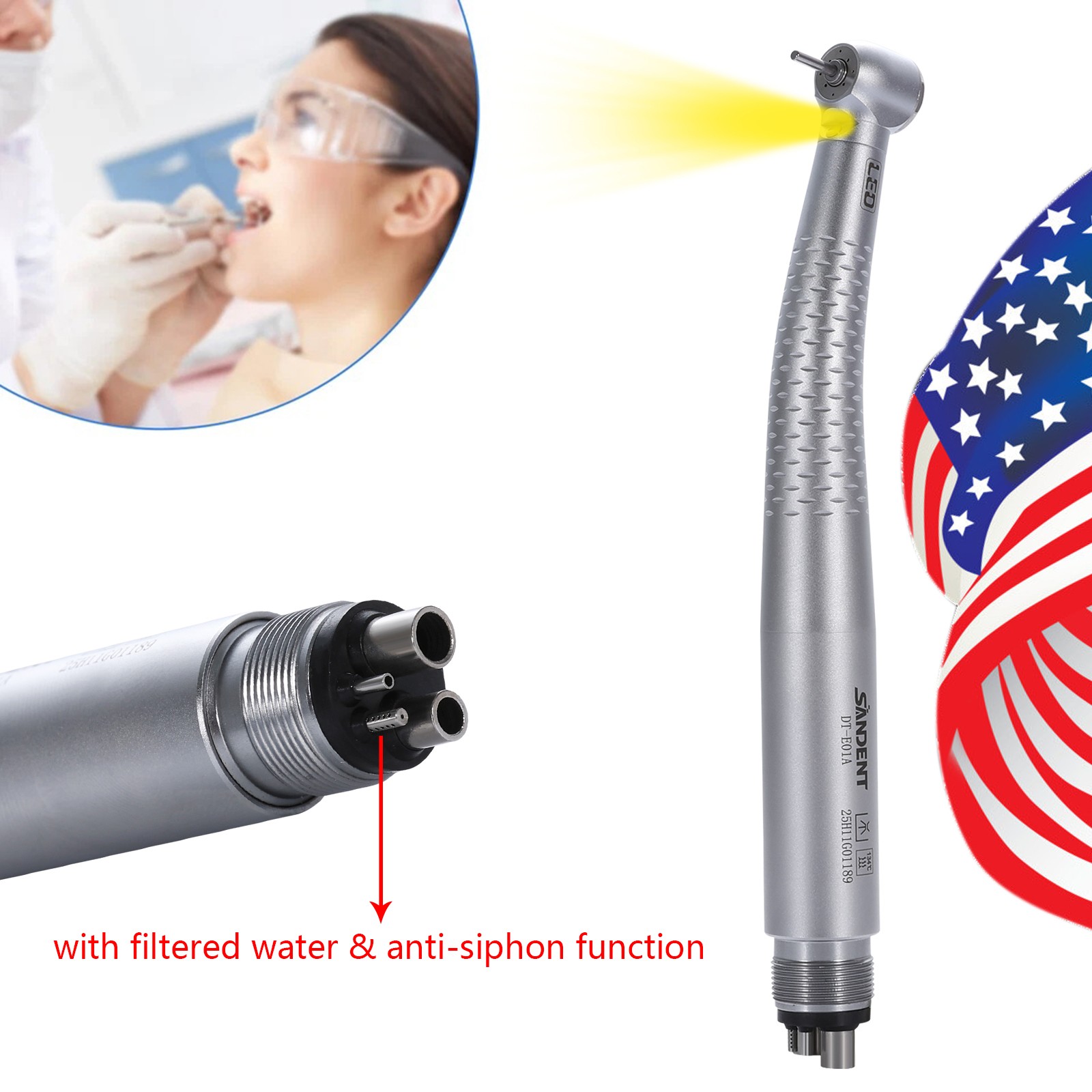 Dental High Speed Handpiece LED Self Power 4 Hole Turbine E Generator 4 Spray