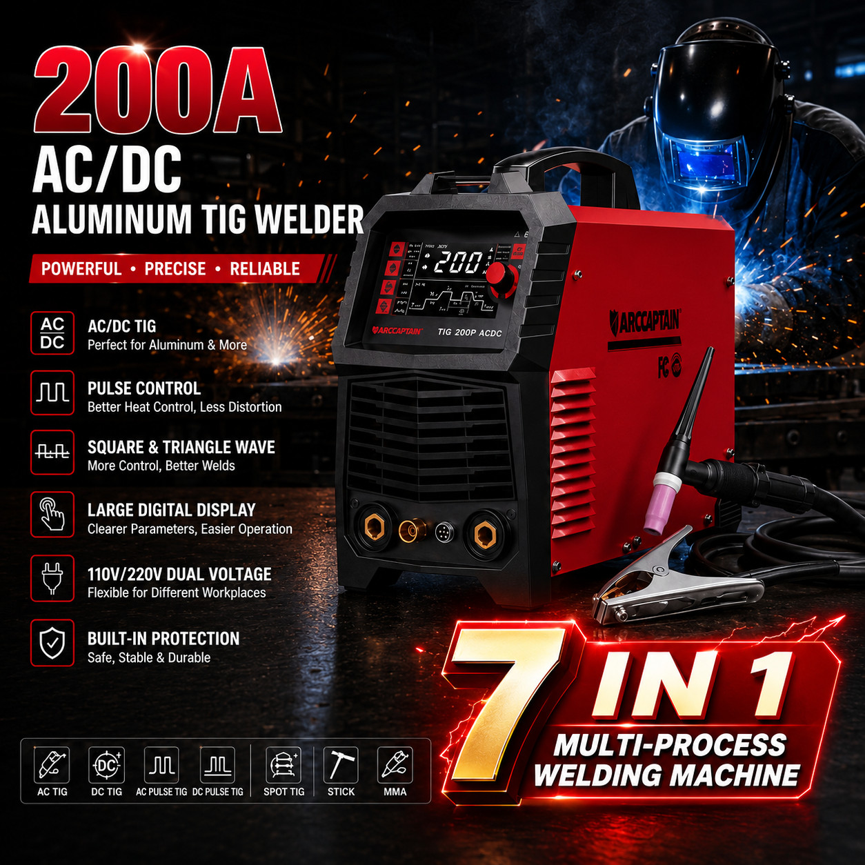 ARCCAPTAIN 7 in 1 TIG Welder 200A AC/DC Aluminum TIG Welder with Pulse 110V/220V