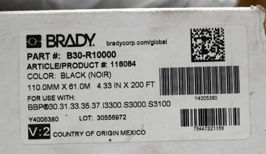 BRADY B30-R10000 LABEL PRINTER RIBBON BLACK(NOIR) 118084 110.0MMX61.0M