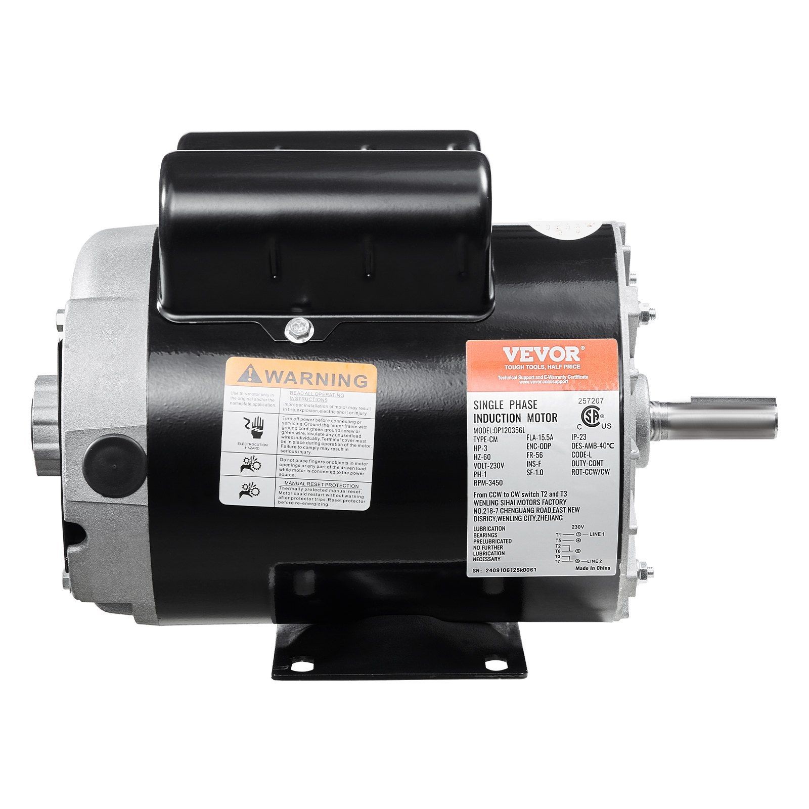 3HP 230V 15.5A 3450RPM 56Frame Reversible Motor Keyed 5/8in Shaft