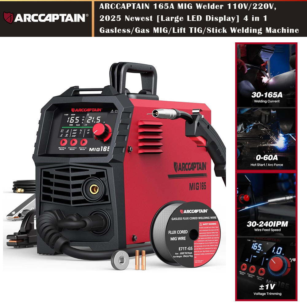 ARCCAPTAIN 165A 4-in-1 MIG Welder 110V/220V, Gas/Gasless, Lift TIG, Stick, IGBT