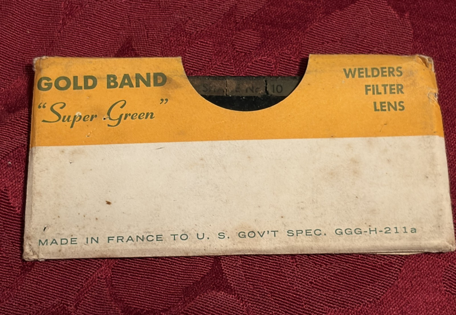 Vintage Gold Band “Super Green” Welders Filter Lens – 2″ x 4 1/4″ – V&H / France