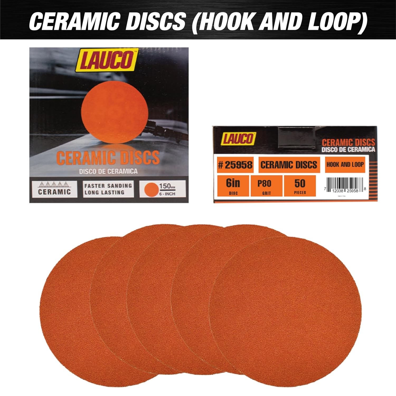 Premium 6″ Hook and Loop Sanding Ceramic Discs (Box of 50) – (GRIT-80) 25958