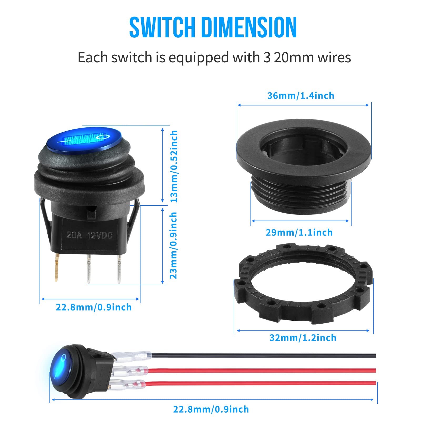 Toggle Switch 12 Volt Waterproof Blue LED Round Rocker 2 PCS SPST 3 Pin 12V/20A