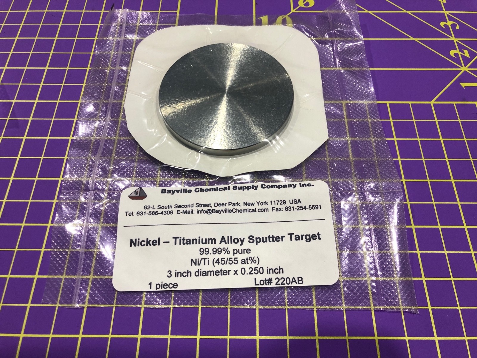 Nickel Titanium Target Ni/Ti (45/55at%) 99.99% Pure ,3.00″ Dia x 0.250″ Thick