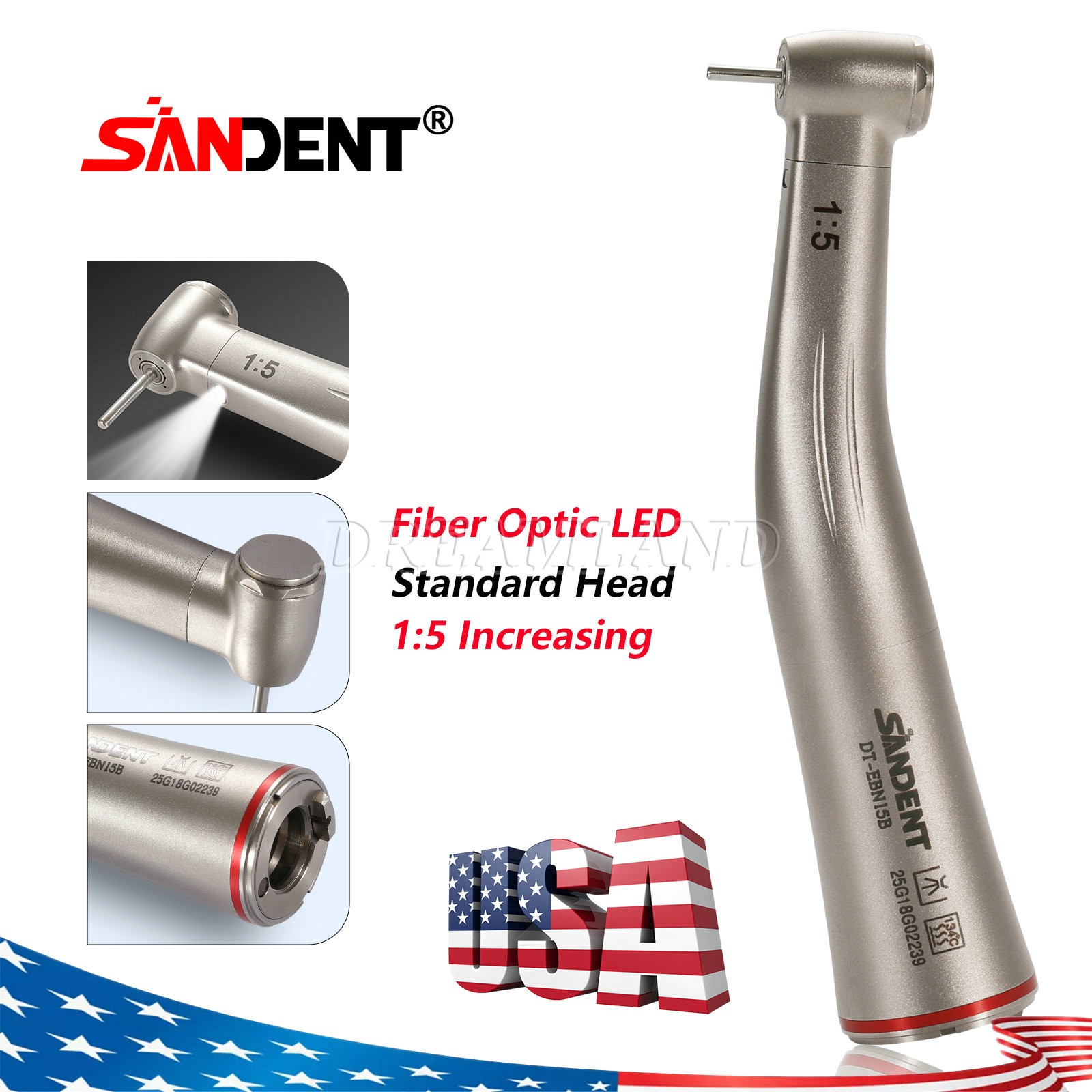 Dental 1:5 Increasing Contra Angle FG1.6mm LED Fiber Optic Handpiece SANDENT USA