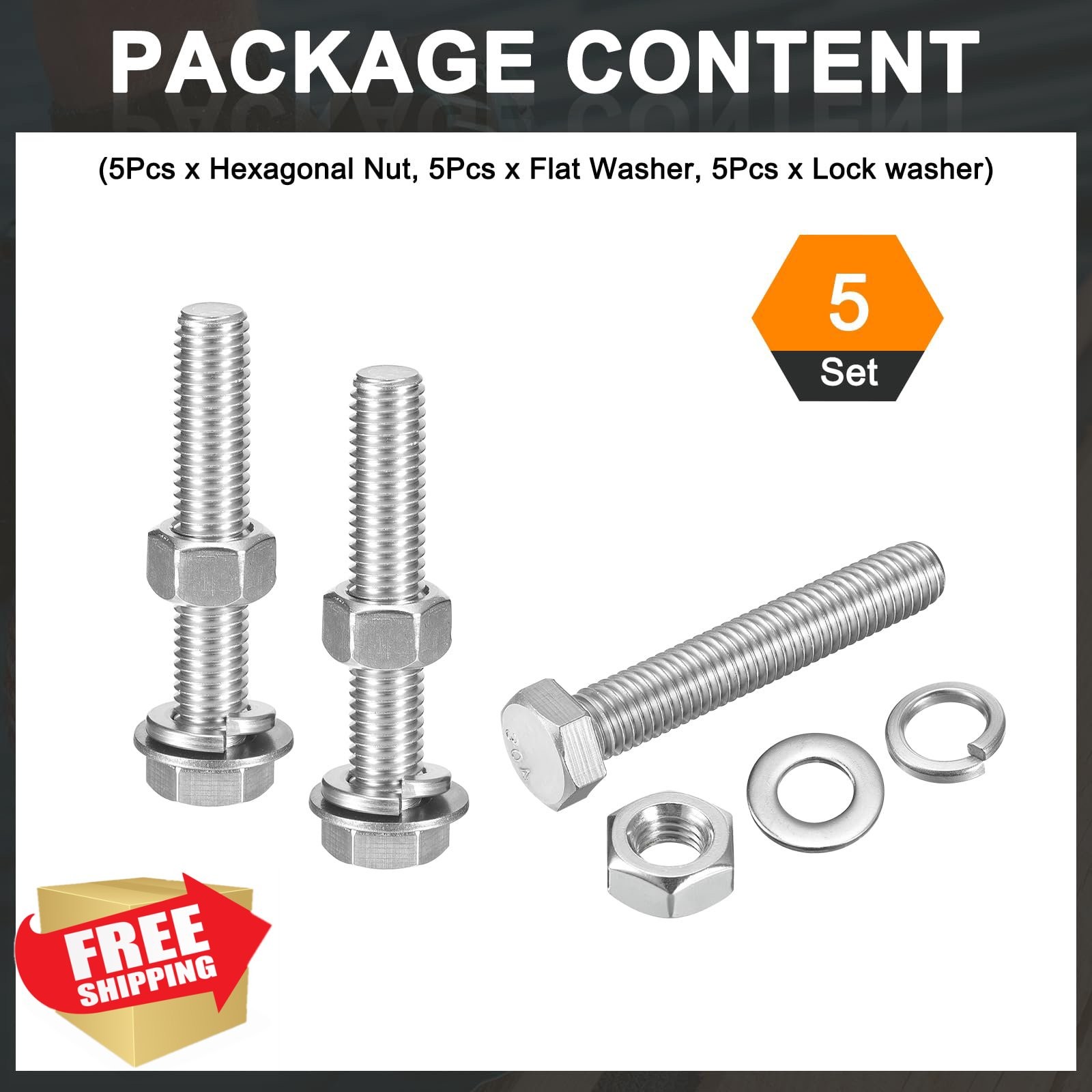 uxcell 5Set 1/2-13 x 3″ Hex Head Bolts SS