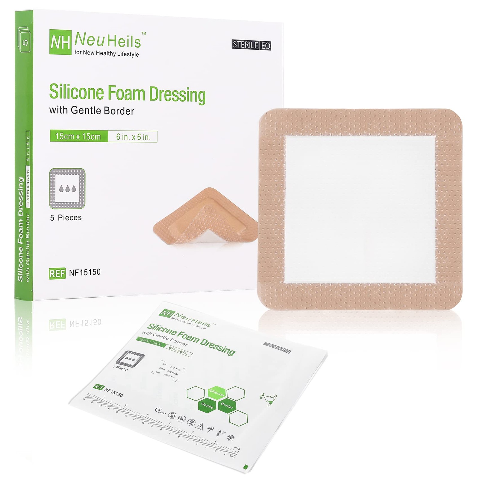 NeuHeils Silicone Adhesive Foam Dressing Bandage 6”x6” (Pack of 5), Tan