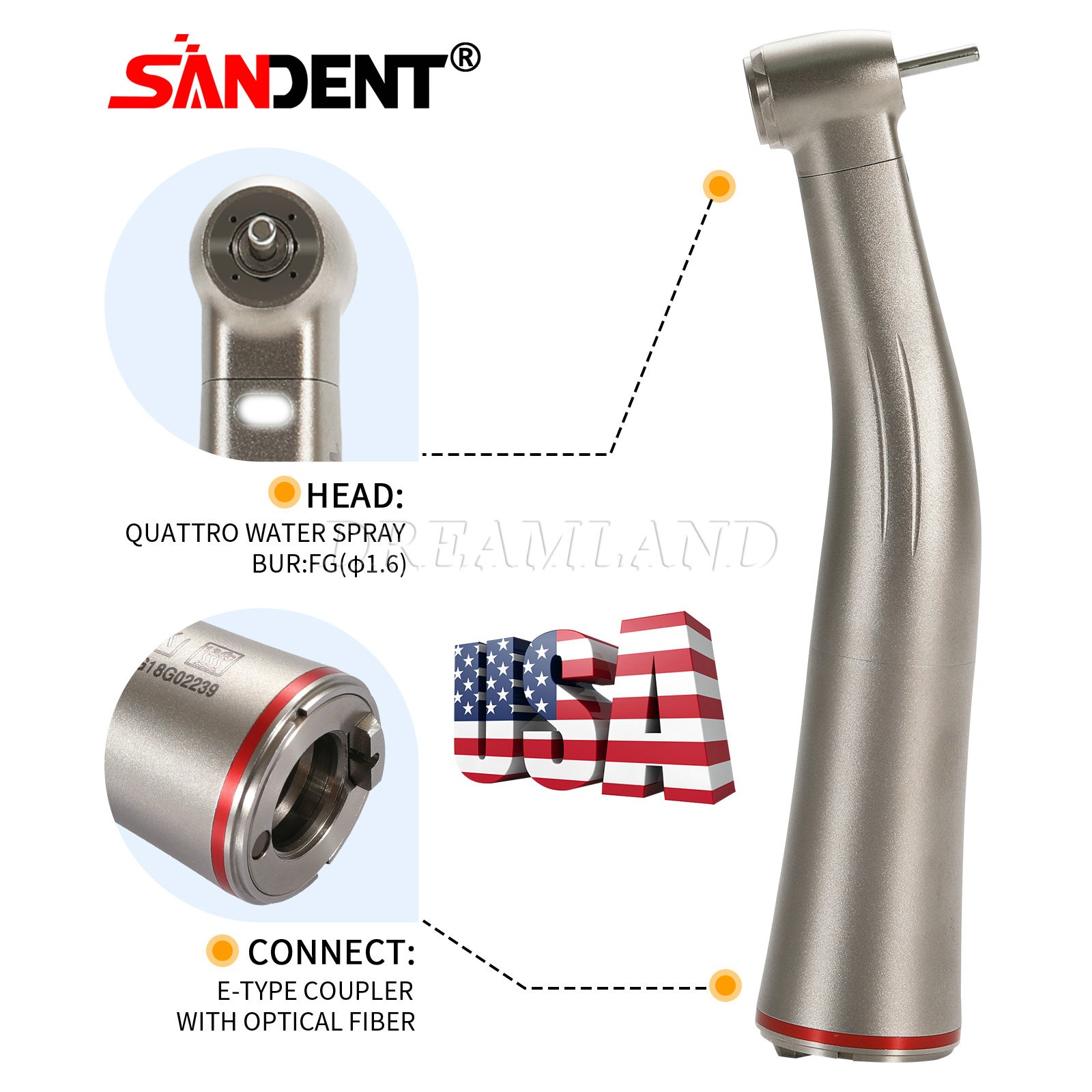 Dental 1:5 Increasing Contra Angle FG1.6mm LED Fiber Optic Handpiece SANDENT USA