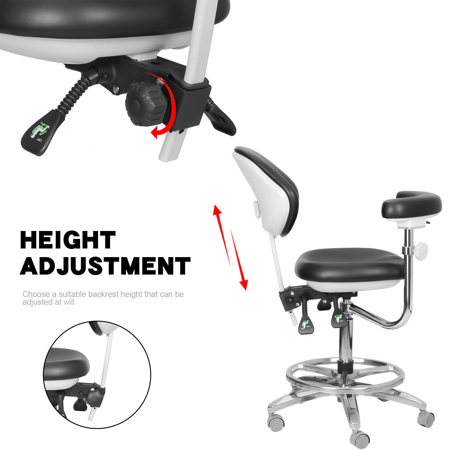 Adjustable Dental Chair Doctor Assistant Chair 360° Armrest Footrest PU Black US