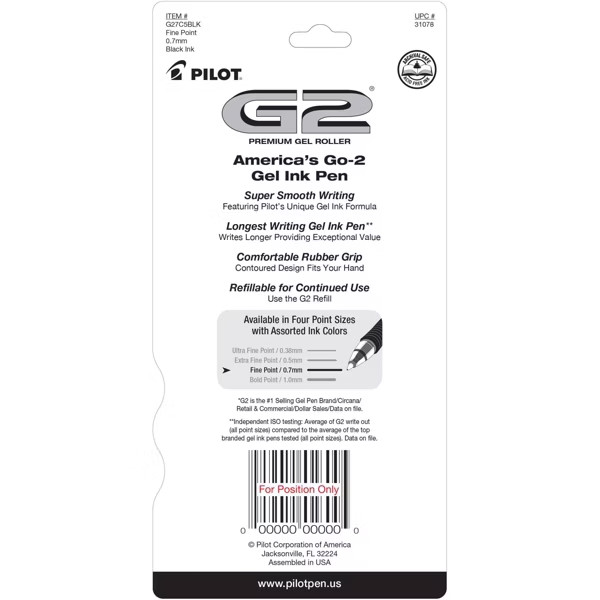 Pilot G2 0.7mm Roller Ball Gel Pens Black Ink 5-Pack (31078)