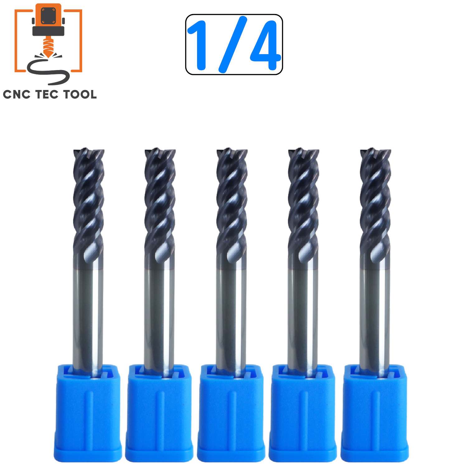 5 PCS 1/4″ 4 Flutes Square 45° Helix Carbide End Mill Bits AlTiCrN Coated HRC 50