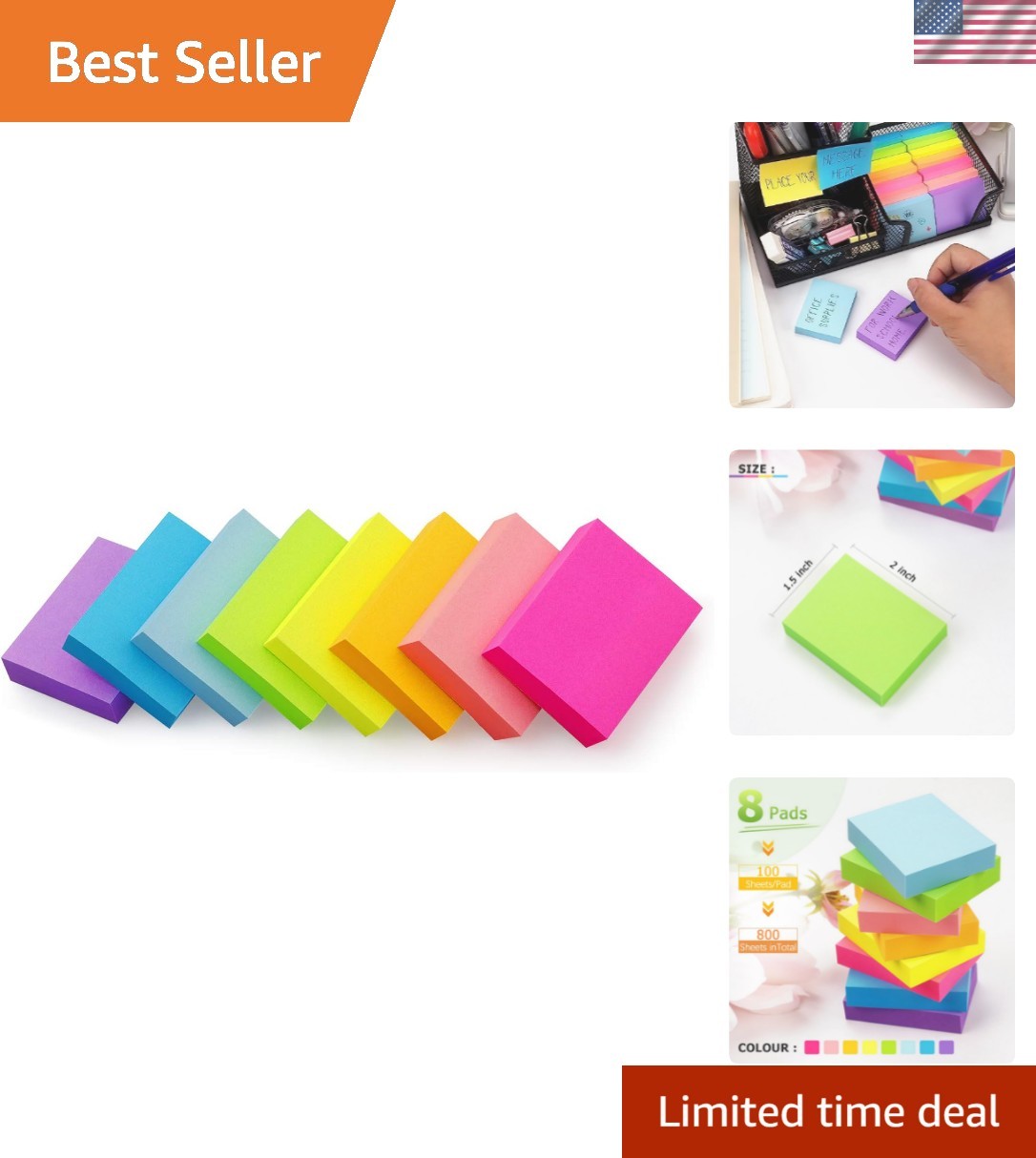 Self-Stick Bright Sticky Notes 1.5×2 Inch – 8 Pack, Recyclable & Strong Adhesion
