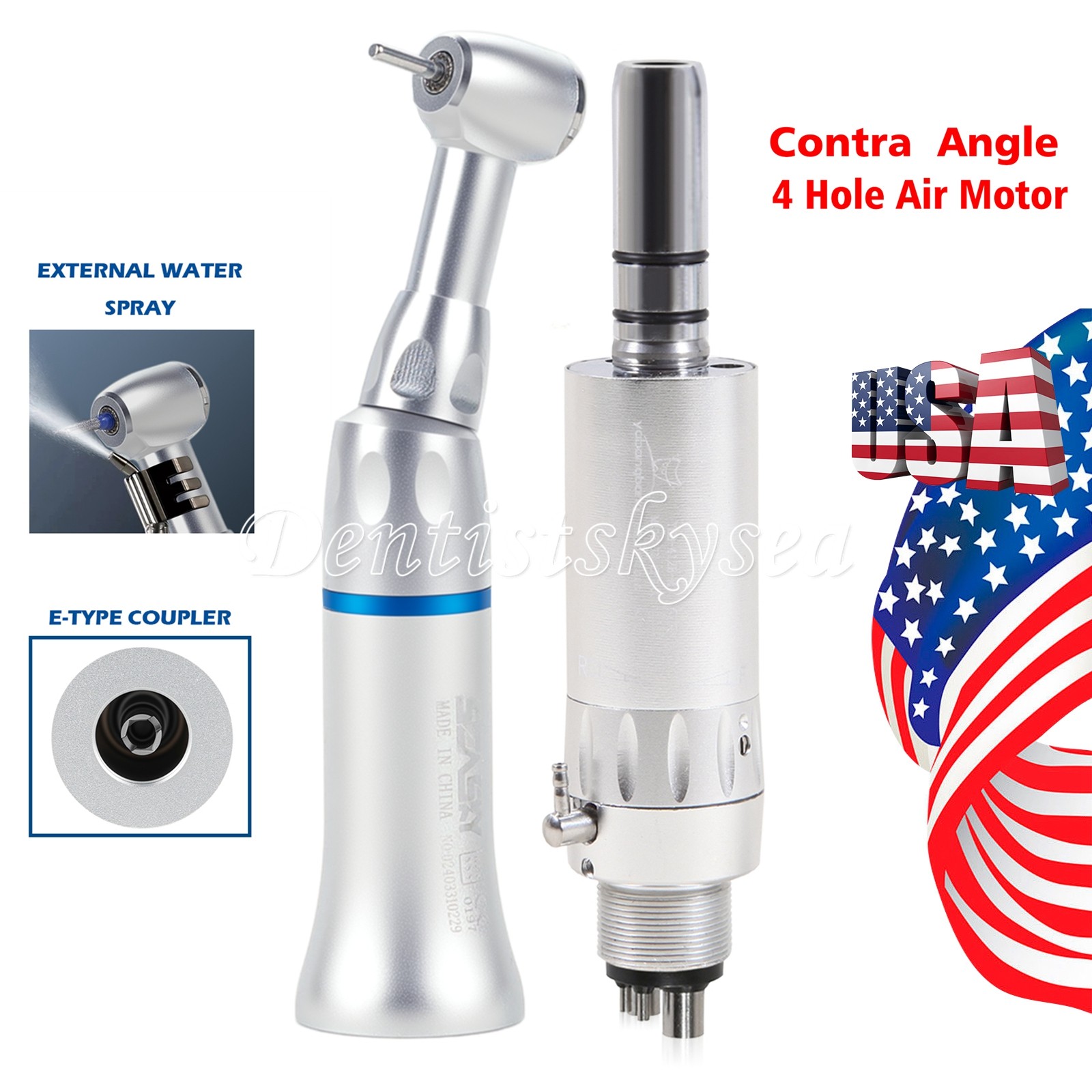 Air Motor 4Holes Dental Contra Angle Slow Speed Handpiece Push for 1.6mm Burs US