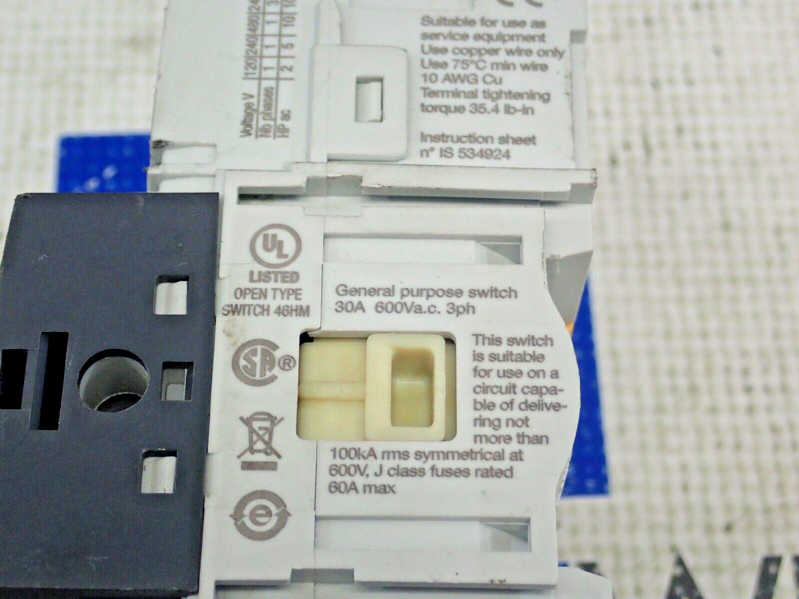 Socomec 22013003 Disconnect Load Break Switch 3P 30A 600V