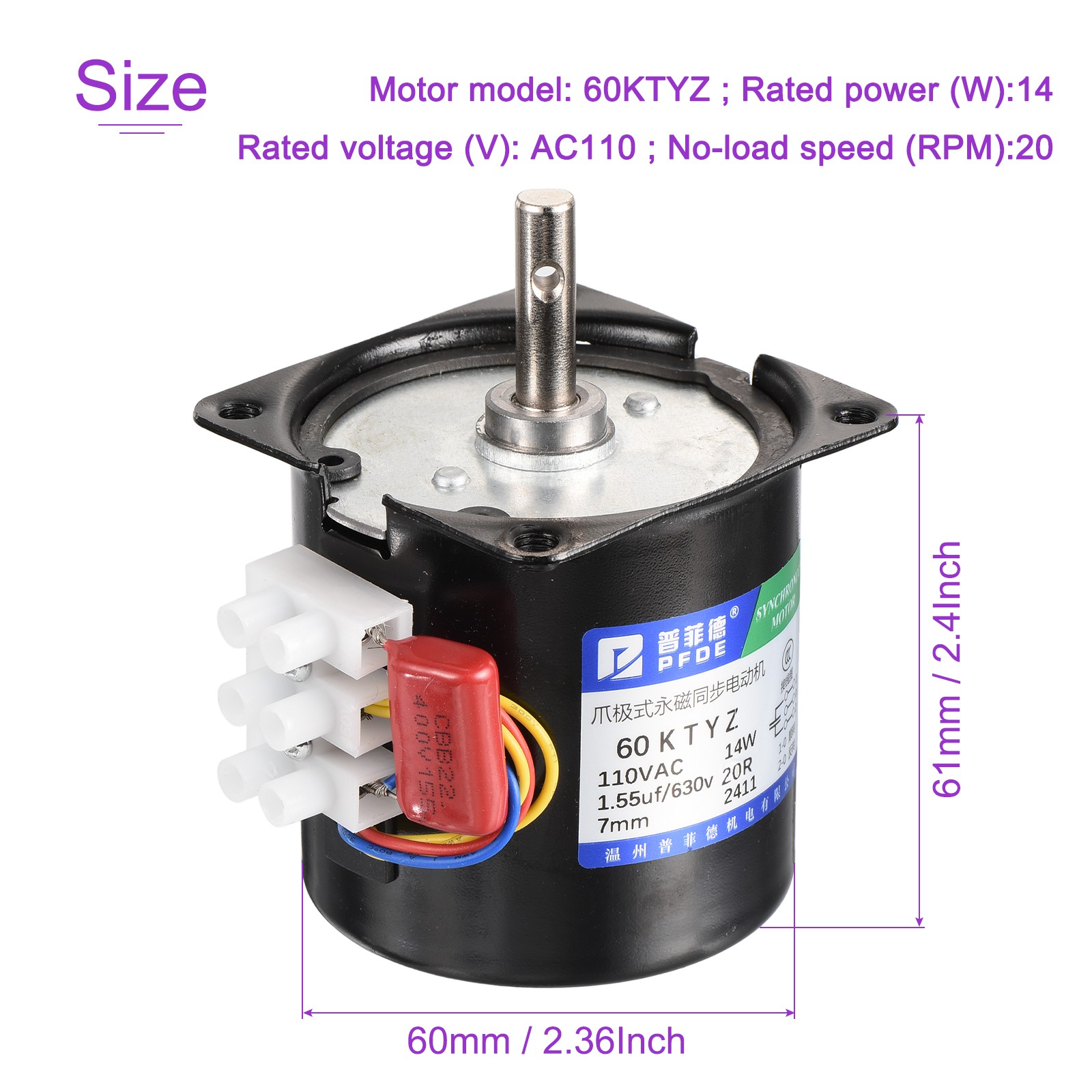 Synchronous Motor With Motor Bracket And Power Cord 60KTYZ AC110V 20RPM 75N.CM
