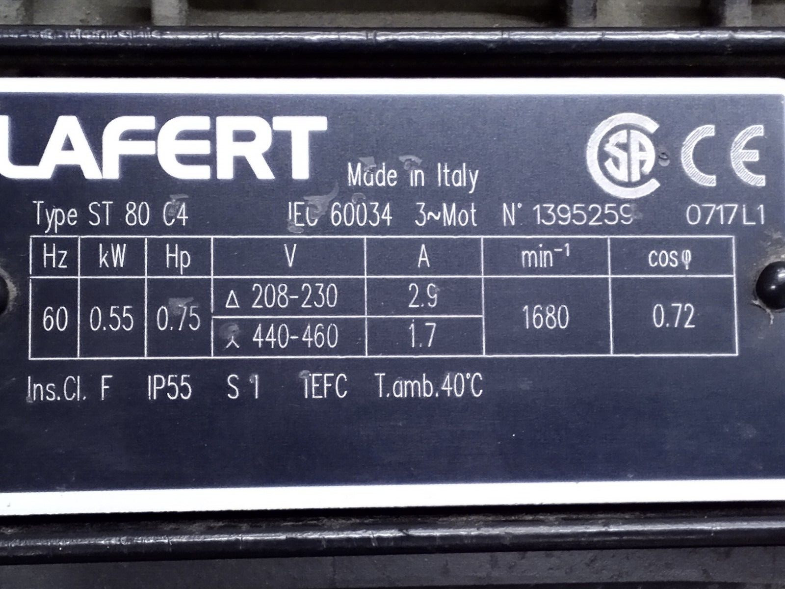 Lafert ST80C4 Motor 0.75 HP 1680 RPM 208-230/440-460 V