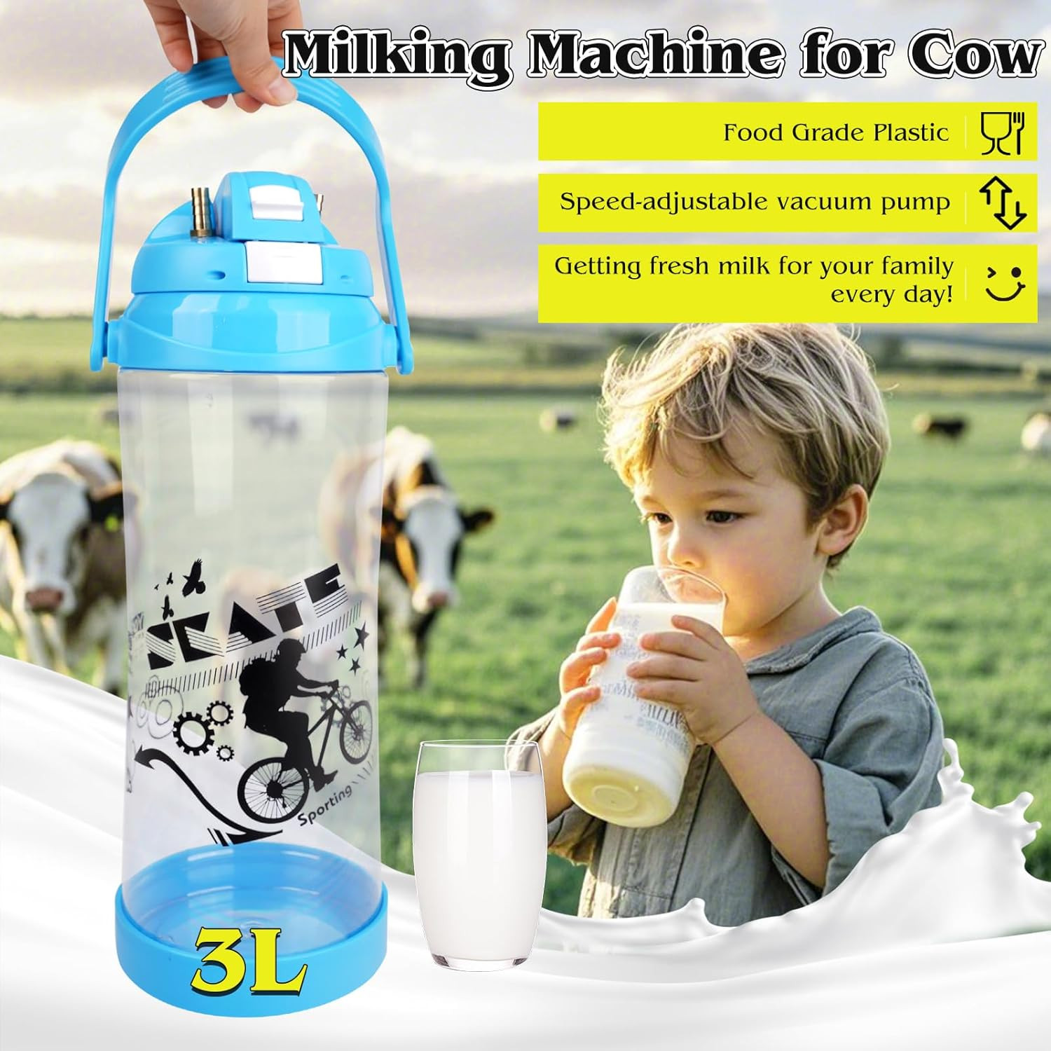 Milking Machine for Cow Electric Milker 3L Portable Pulsation Vacuum Pump Automa