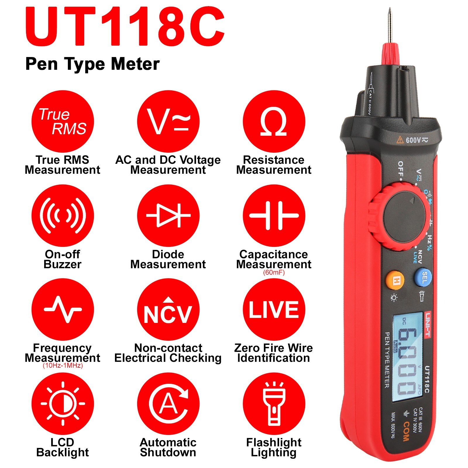 UNI-T UT118C Pen Type Multimeter True RMS Digital Voltmeter NCV/Live Cap Tester