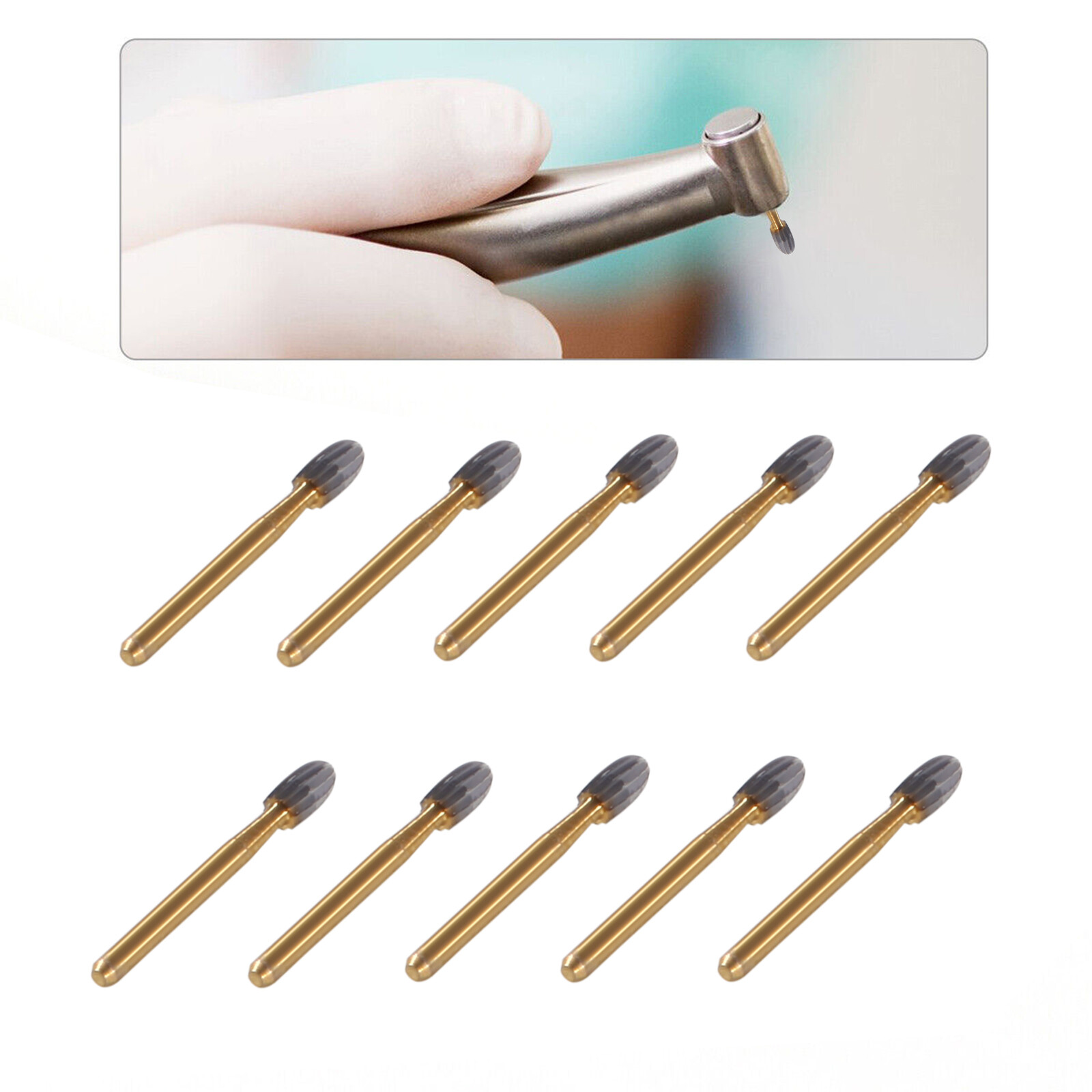 10Pcs Dental Trimming+Finishing Carbide Burs Egg Shape Football Gold FG7408