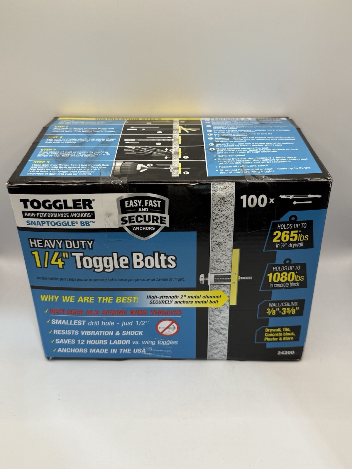 TOGGLER 24200 1/4″ x 20″ Wall Anchors with Bolts (Box of 100) New