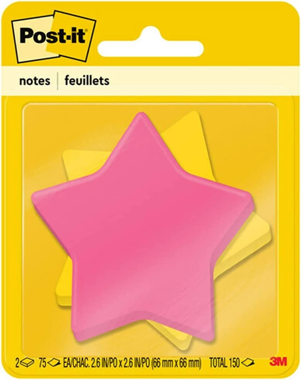 Post-it Notes, Star Shape, Yellow and Pink with pattern, 2.9 in x 2.8 in, 2 Pads