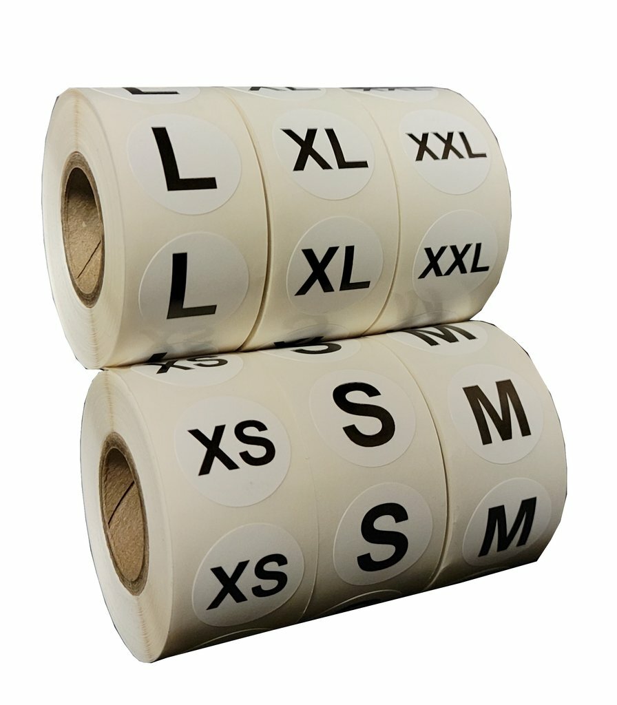 White Circle Clothing Size Stickers 500/Roll Sizes XS TO XXL – Size Label Dots