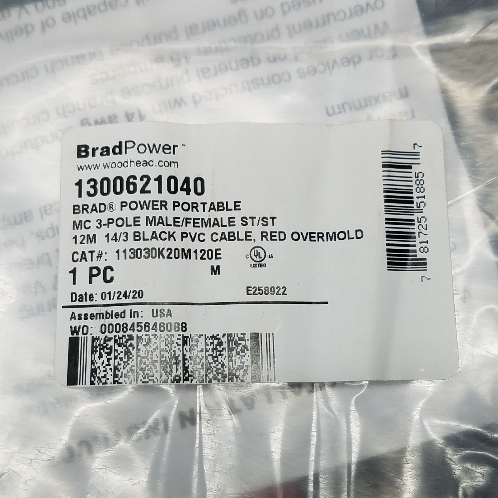Brad Power 113030K20M120E Double Ended Cordset, 3 Pole, 14 Awg, 1300621040 – NEW